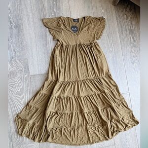 Exotica Slinky to Touch Baby Doll Tiered V-Neck Maxi Dress in Dark Khaki Green